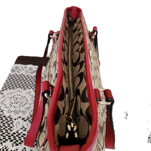 Coach Signature Khaki & Red Leather Medium Handbag Satchel Purse - Picture 9 of 14